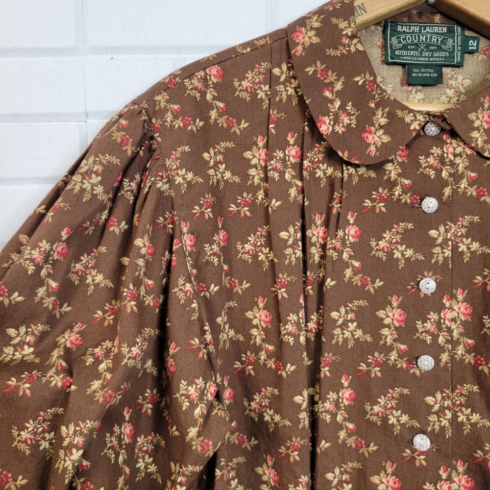 Vtg Early 90s Ralph Lauren Country Blouse sz 12 Brown Floral Calico Prairie
